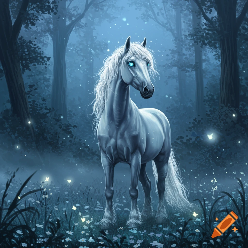 A mystical white horse with glowing blue eyes stands in a dark, enchanting forest with sparkling lights.