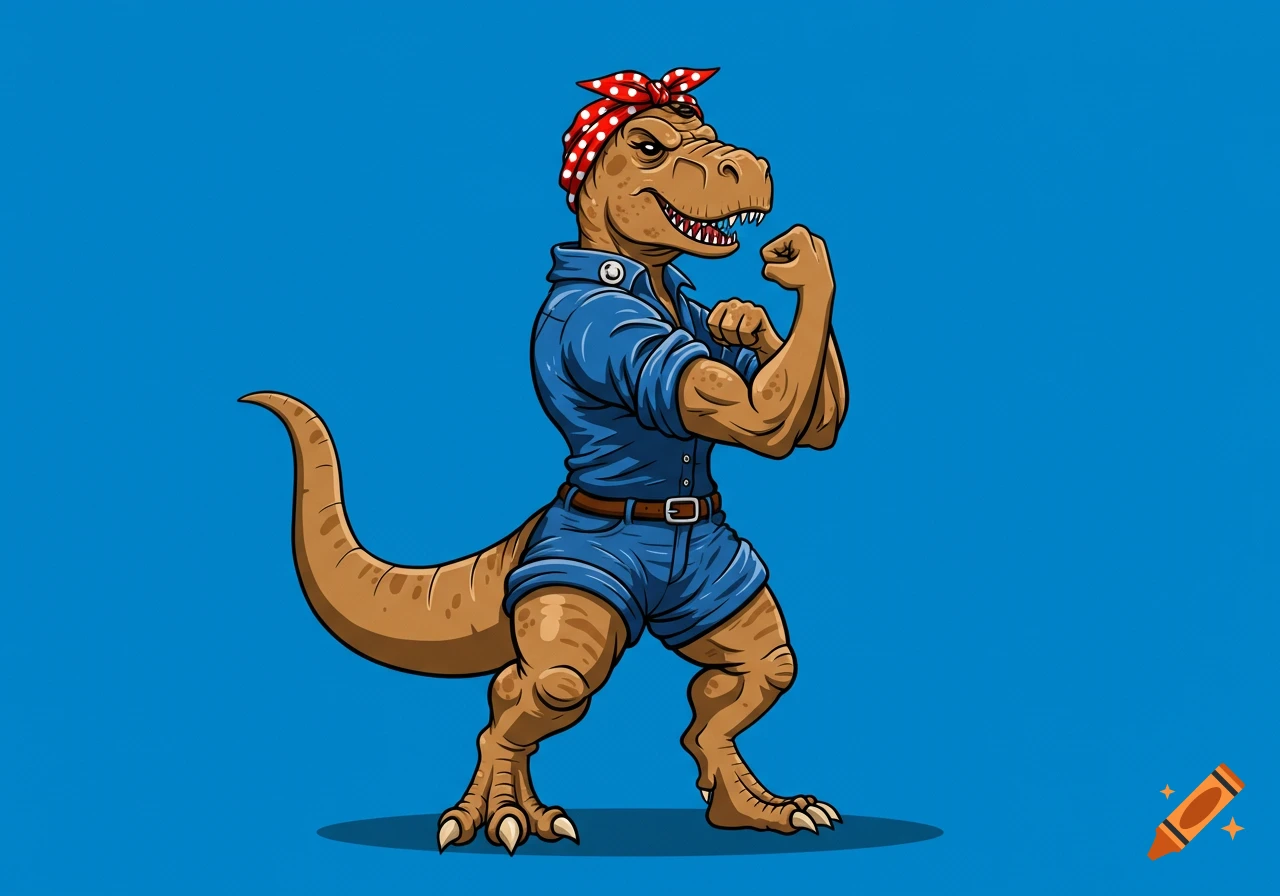 A cartoon T-Rex dressed as Rosie the Riveter, flexing its bicep against a blue background.
