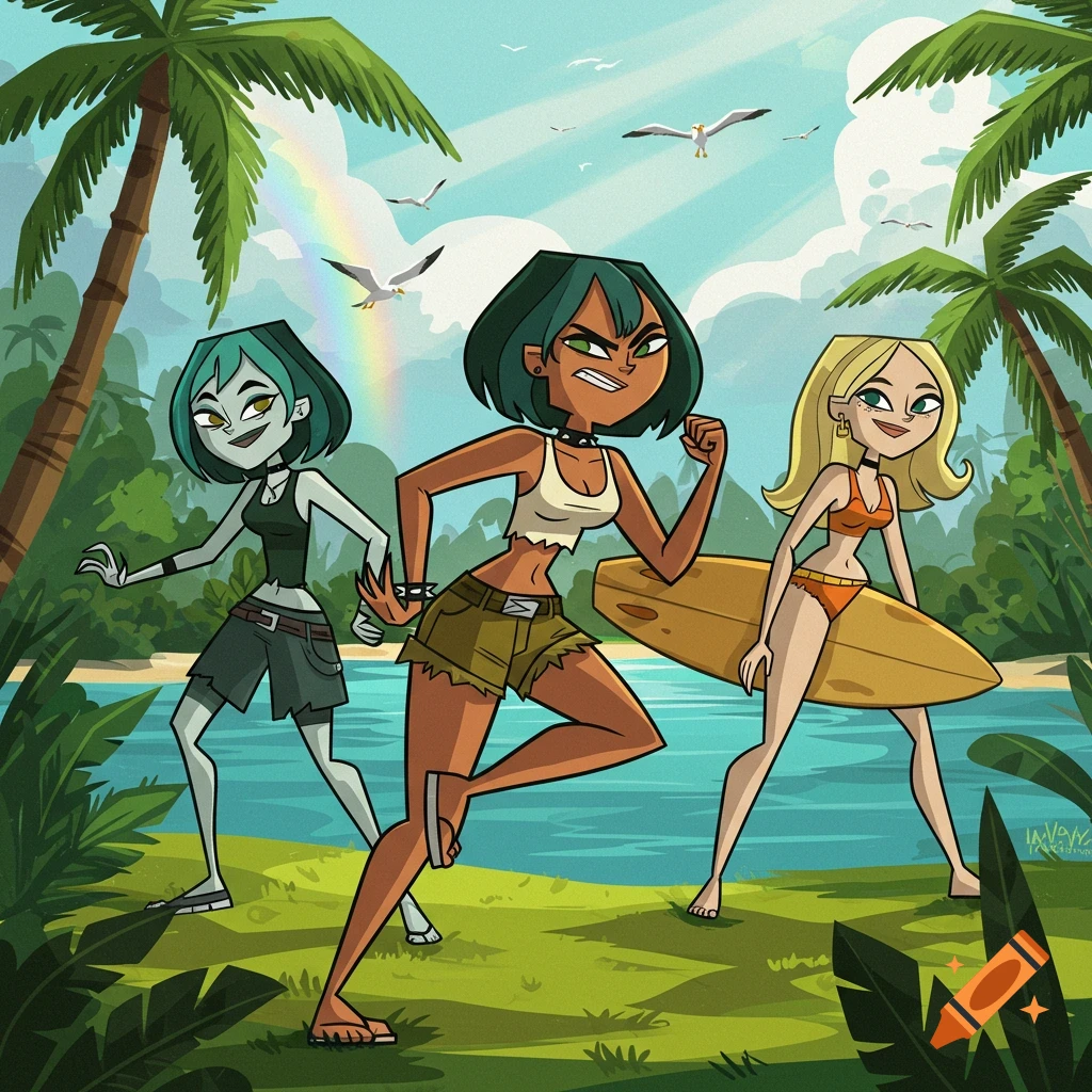 Three cartoon women in beach attire, one with a surfboard, stand on a tropical island with palm trees and a rainbow.