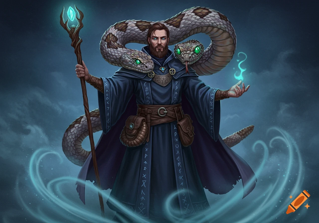 A bearded wizard in blue robes holding a glowing staff, with two large snakes with glowing green eyes wrapped around his shoulders, standing in a mystical blue mist.