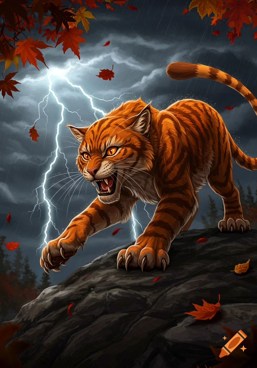 An angry, orange, tiger-striped cat crouches on a rock under a stormy sky with lightning and falling autumn leaves.