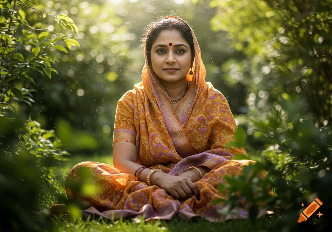 A photorealistic image of an Indian woman in a traditional orange sari sitting cross-legged amidst lush green foliage with dappled sunlight.