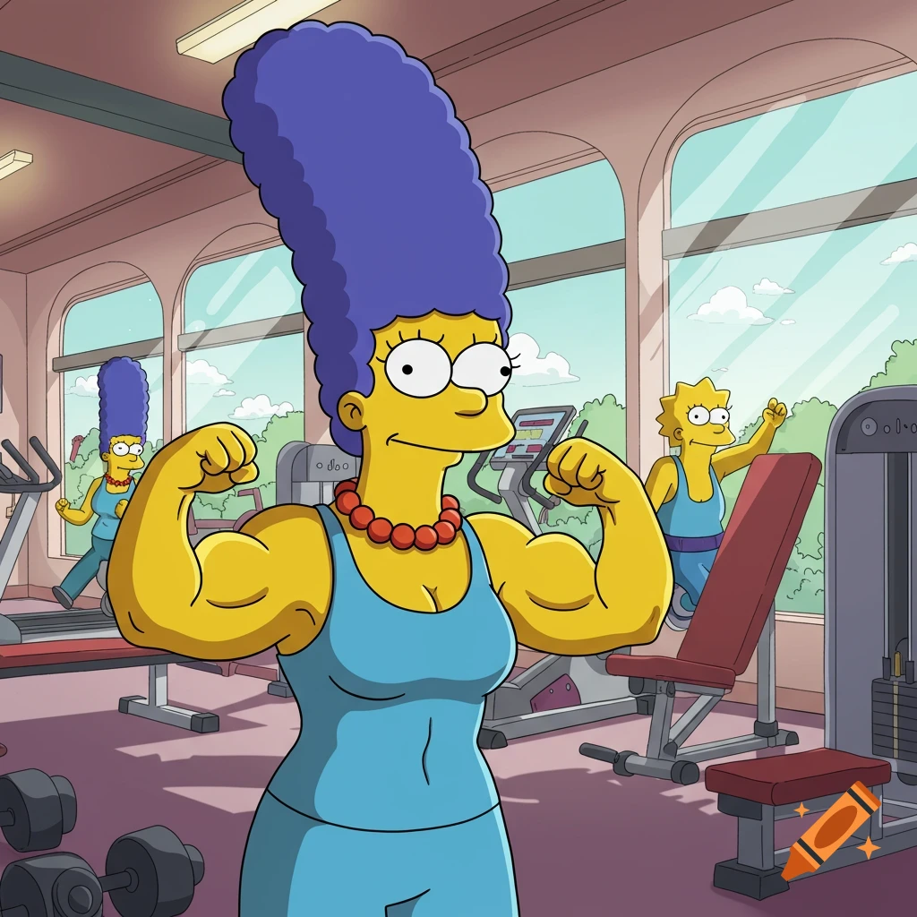 Marge Simpson flexes her arms in a gym, with Lisa Simpson in the background, in a cartoon style.