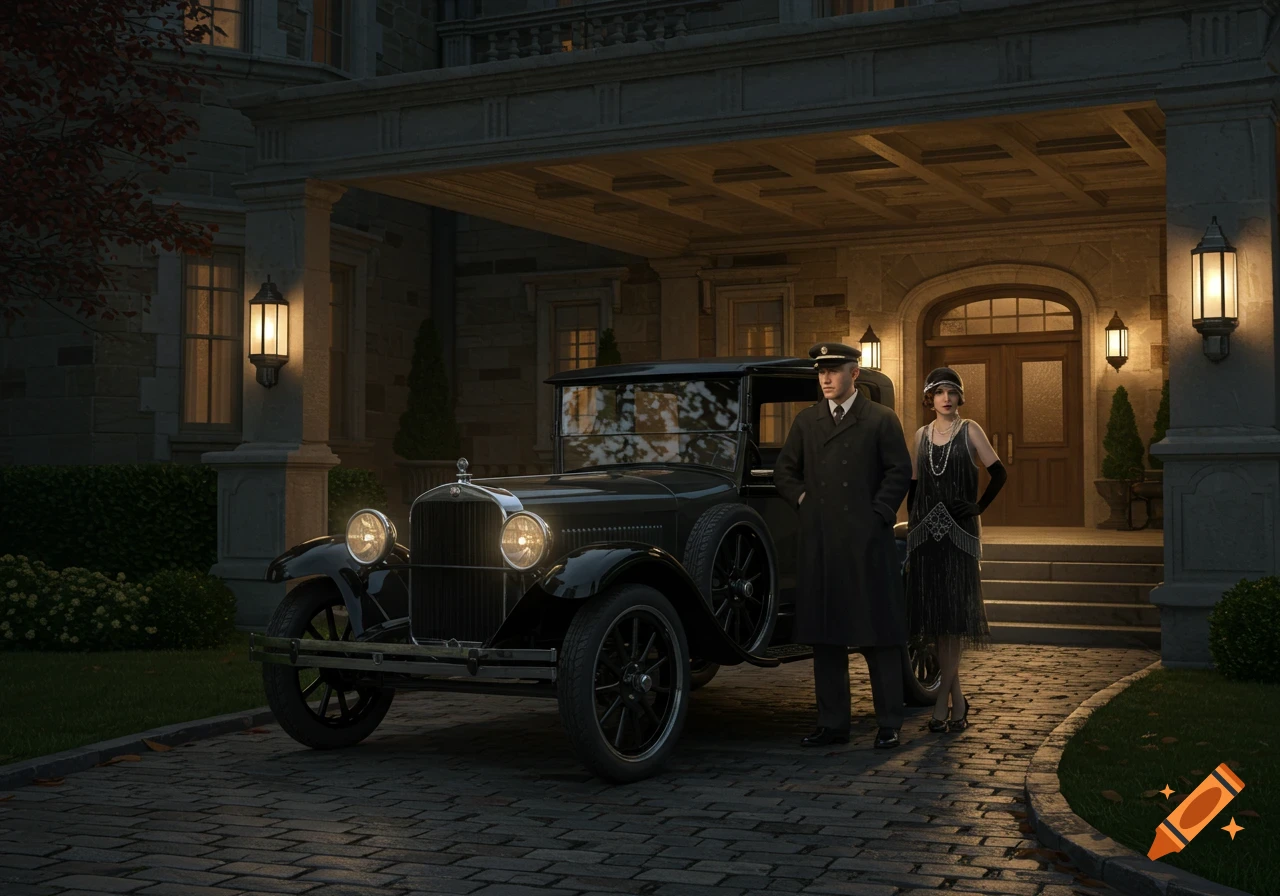 A man and woman in 1920s attire stand next to a vintage black car in front of a grand mansion at night. Photorealistic.