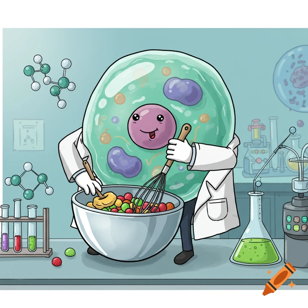 A cartoon cell wearing a lab coat mixes colorful ingredients in a bowl in a science laboratory.