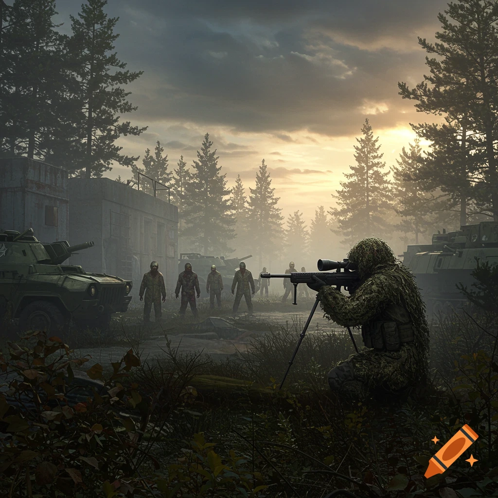 A sniper in a ghillie suit aims a rifle in a foggy, post-apocalyptic military base with zombies and military vehicles at sunset.