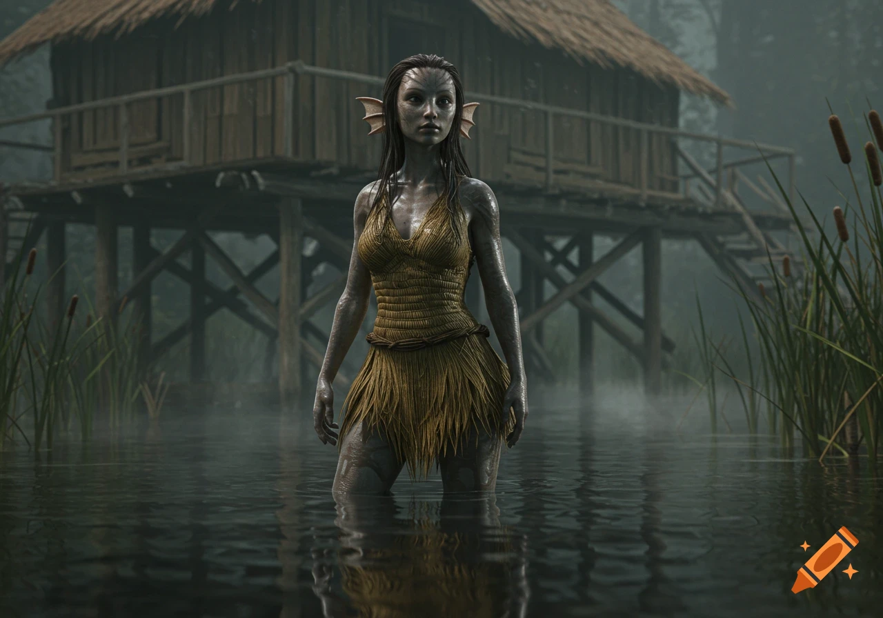 Photorealistic amphibian woman with webbed ears and slick skin stands in a misty marsh near a stilted house, wearing woven reeds.