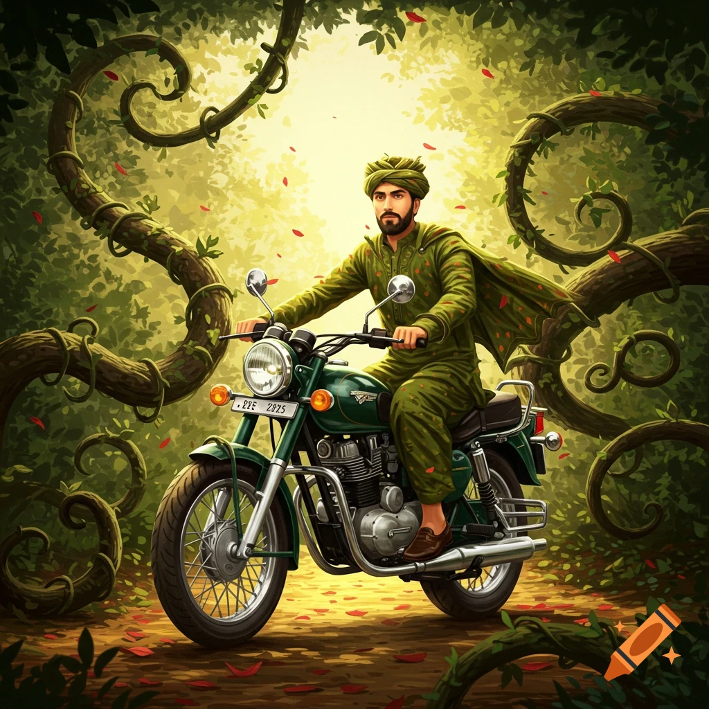 Illustrative fantasy image of a man in a green leafy outfit and turban riding a green motorcycle through a vibrant, vine-filled forest.