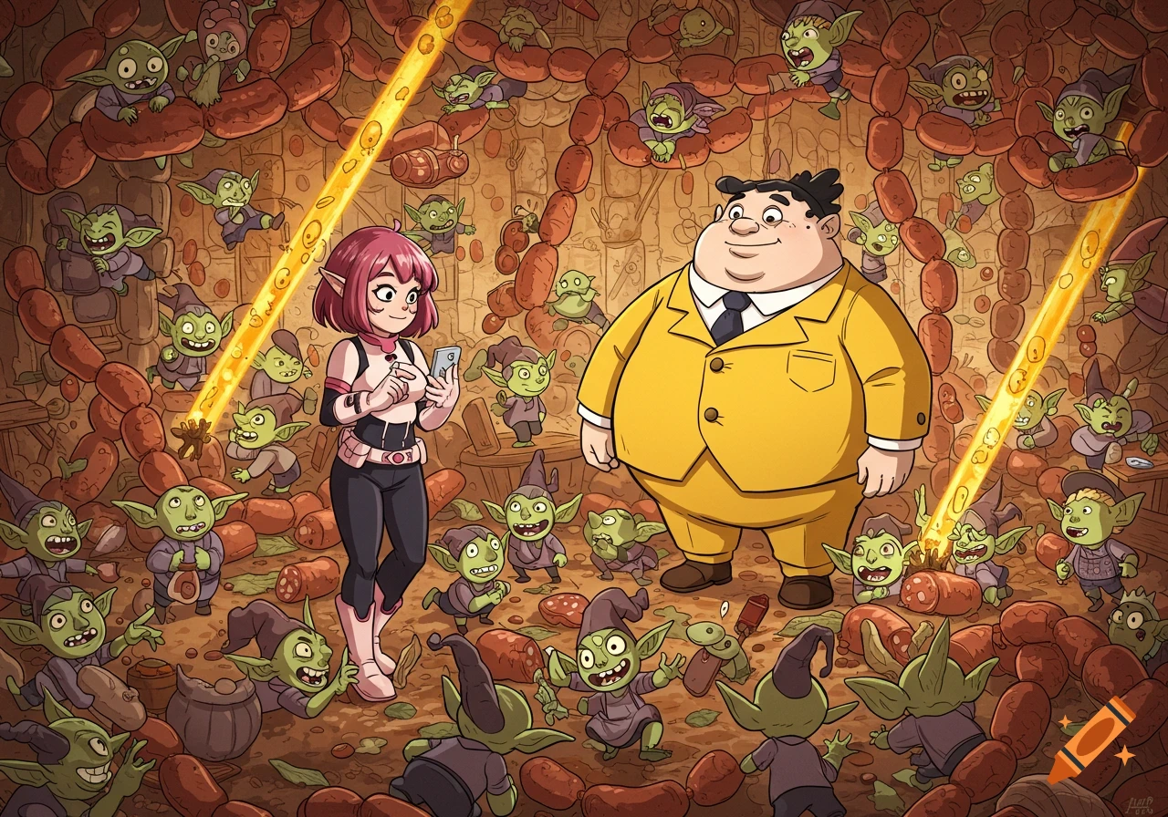 Anime girl and a fat man in a yellow suit among many goblins and piles of sausages in a cartoon style.