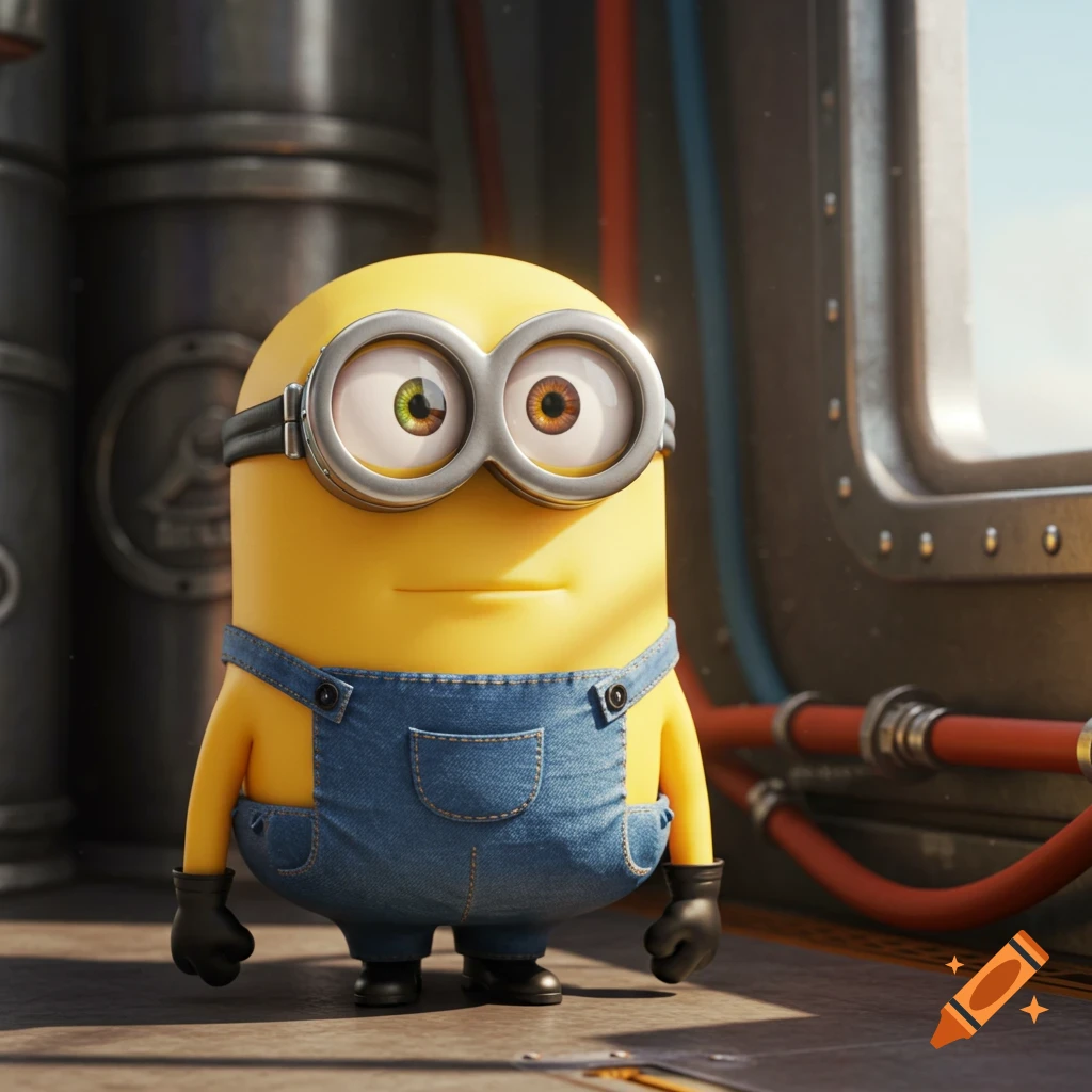 A 3D render of a Minion character wearing denim overalls and goggles, standing in a metallic, industrial-like room with pipes and a window.
