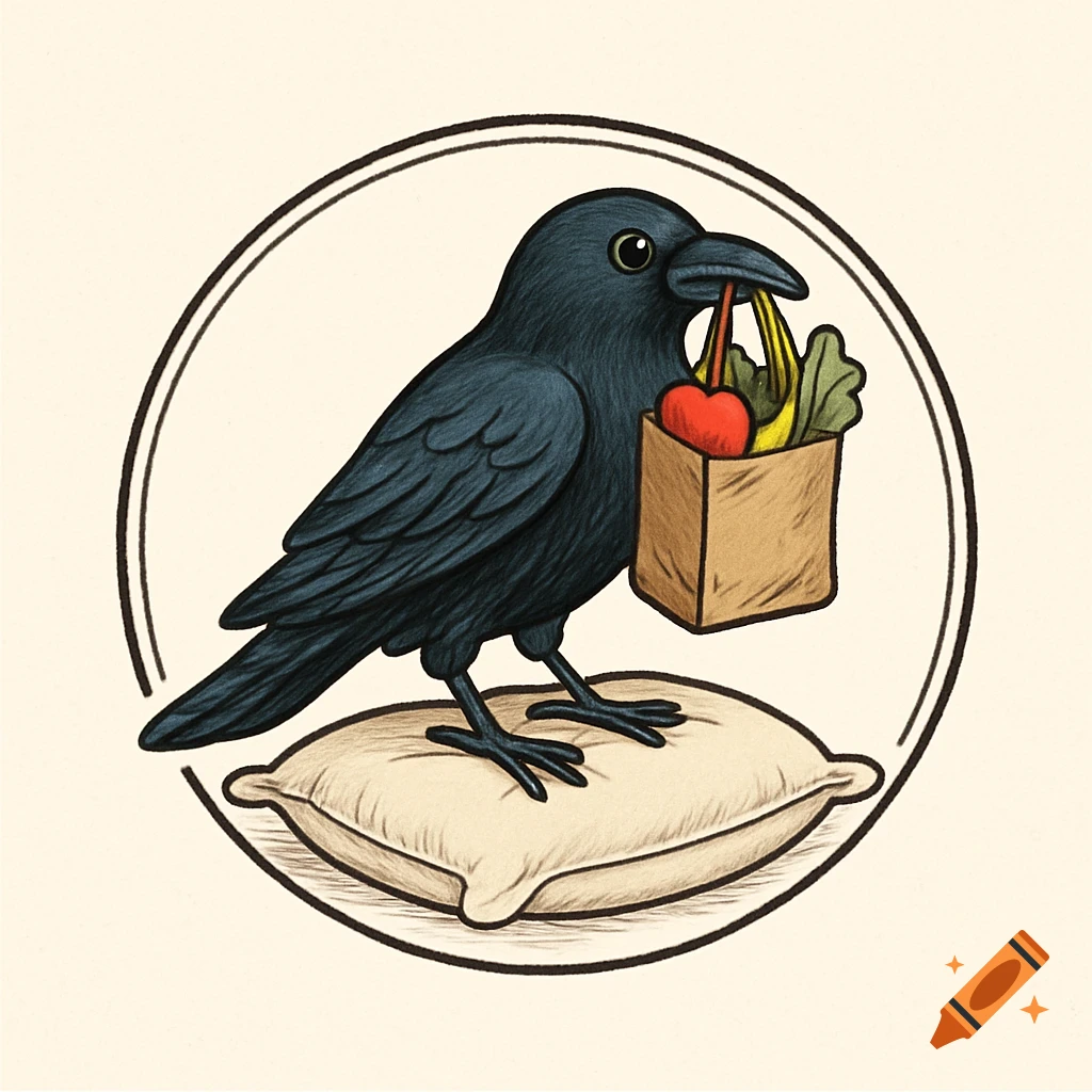 An illustrated black crow holding a paper bag of groceries in its beak, sitting on a beige pillow, inside a circular border.