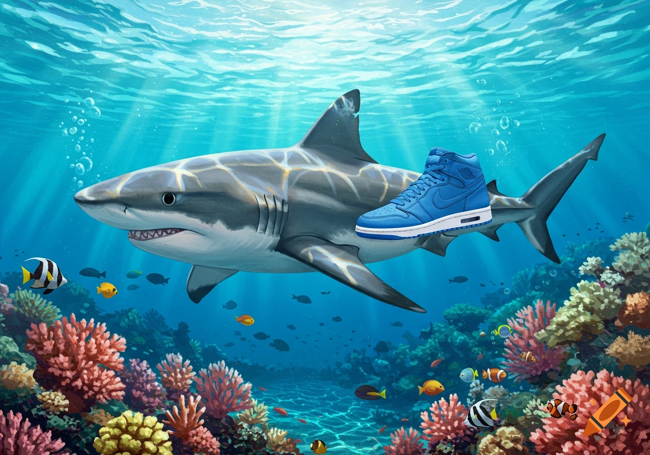 A large gray shark swims in a vibrant coral reef with a blue Nike high-top sneaker on its back, in a digital illustration.