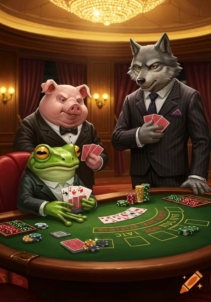 An anthropomorphic frog, pig, and wolf in suits play blackjack at a casino table, with a large chandelier overhead.