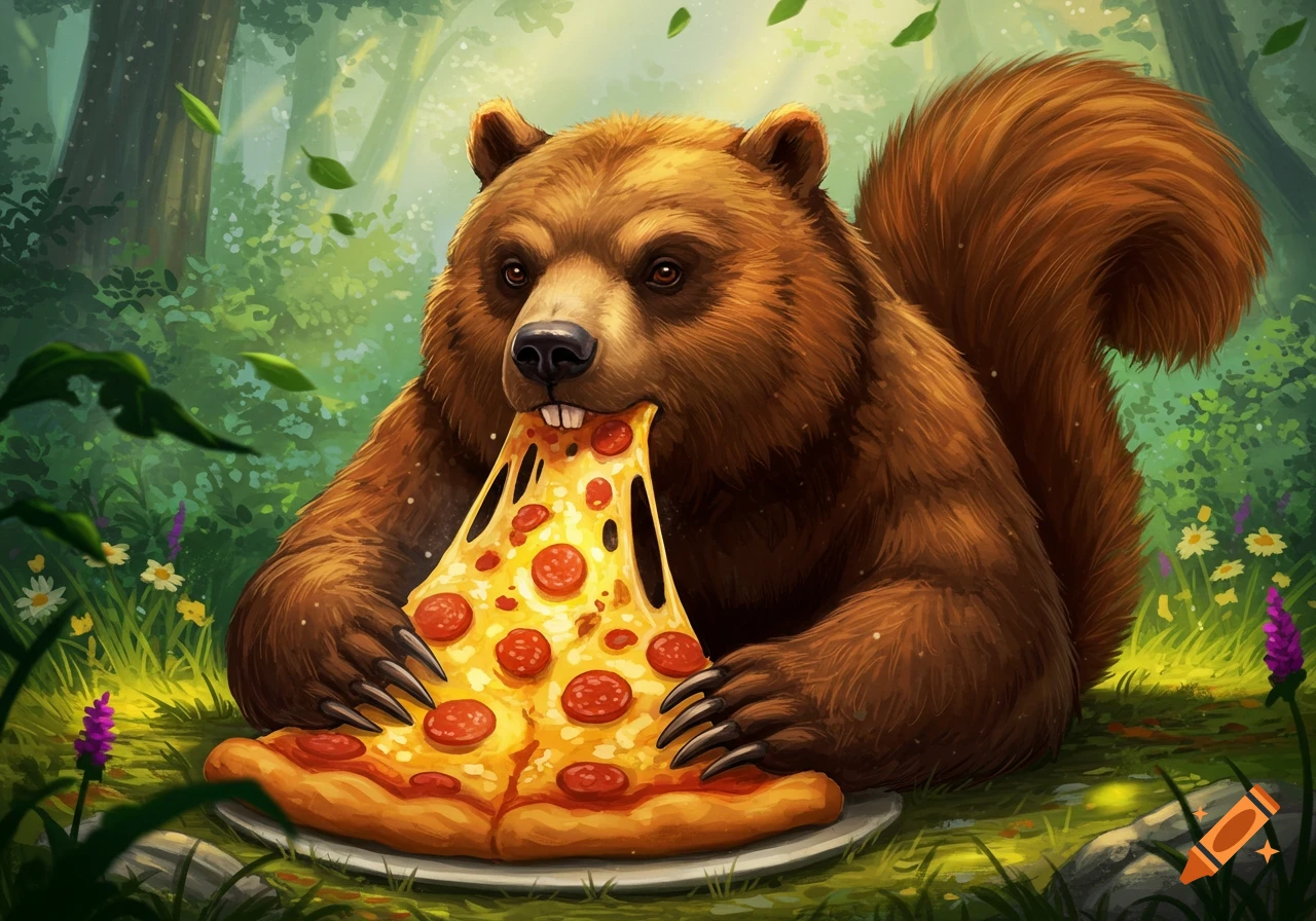 A cartoonish brown bear-squirrel hybrid devours a slice of cheesy pepperoni pizza in a lush green forest, stylized illustration.