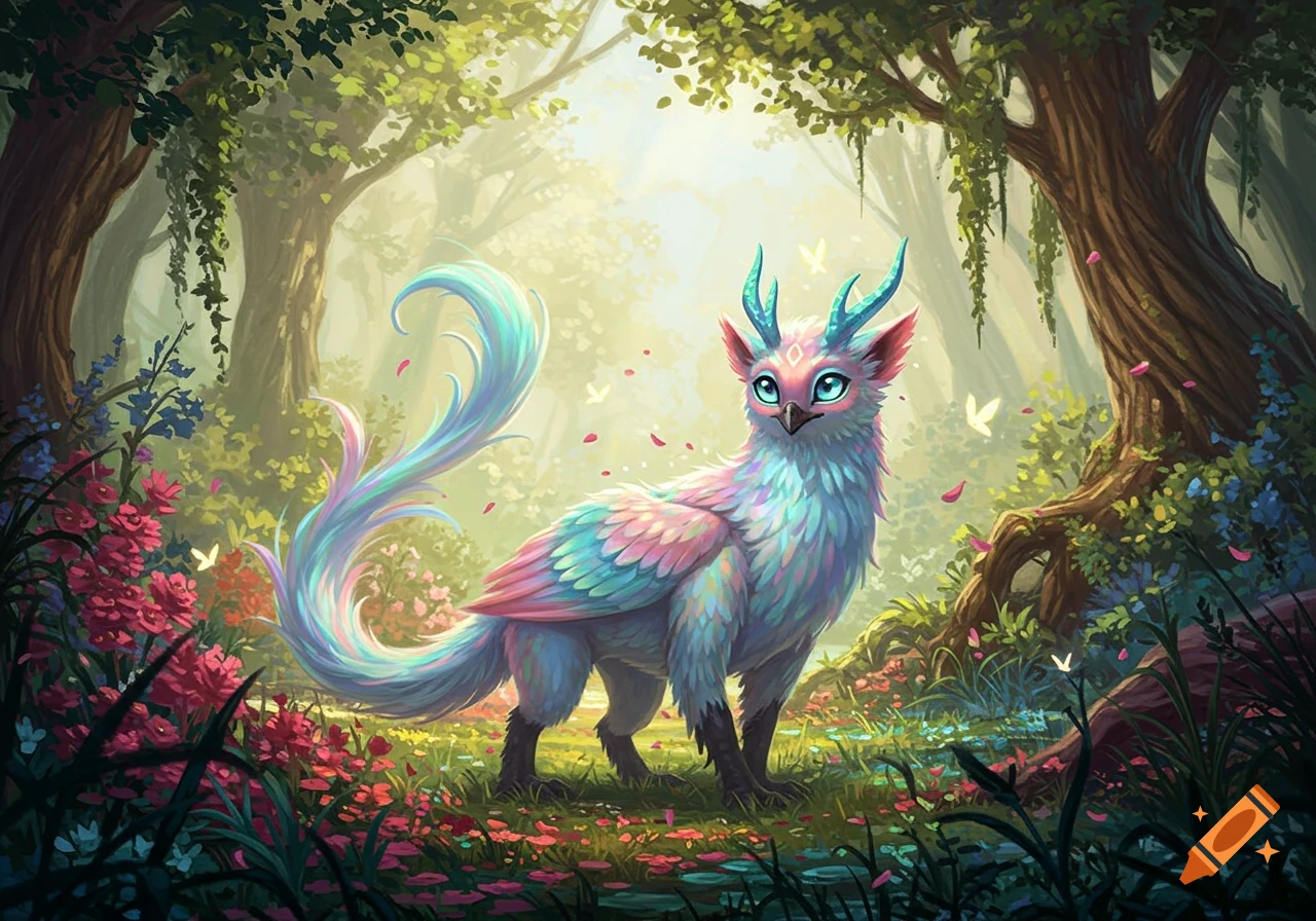 A vibrant fantasy creature with colorful feathers and horns stands in a magical forest filled with flowers.