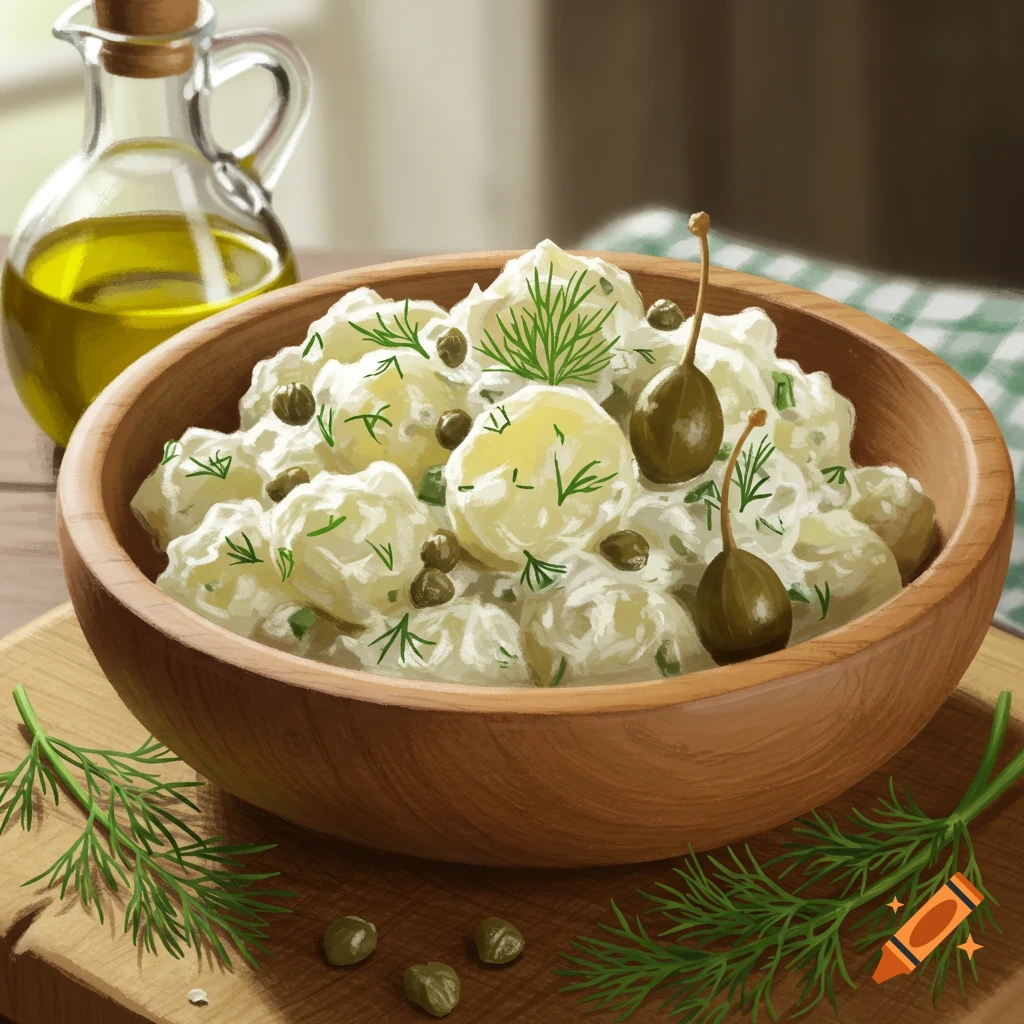 A wooden bowl of potato salad with dill and capers is on a wooden surface next to a glass bottle of olive oil.