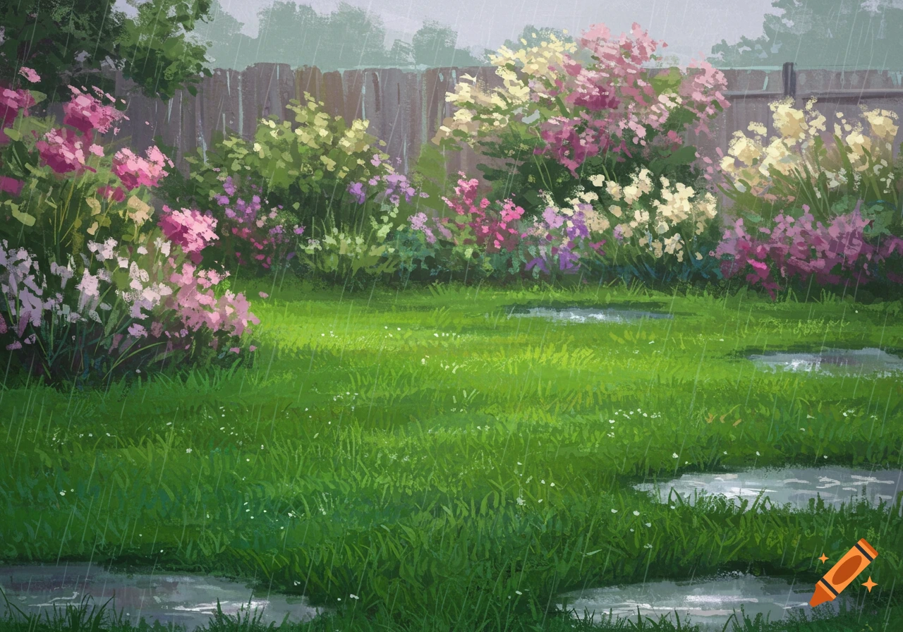 A vibrant, impressionistic painting of a rainy backyard garden with bright green grass, puddles, a wooden fence, and colorful flowering bushes.