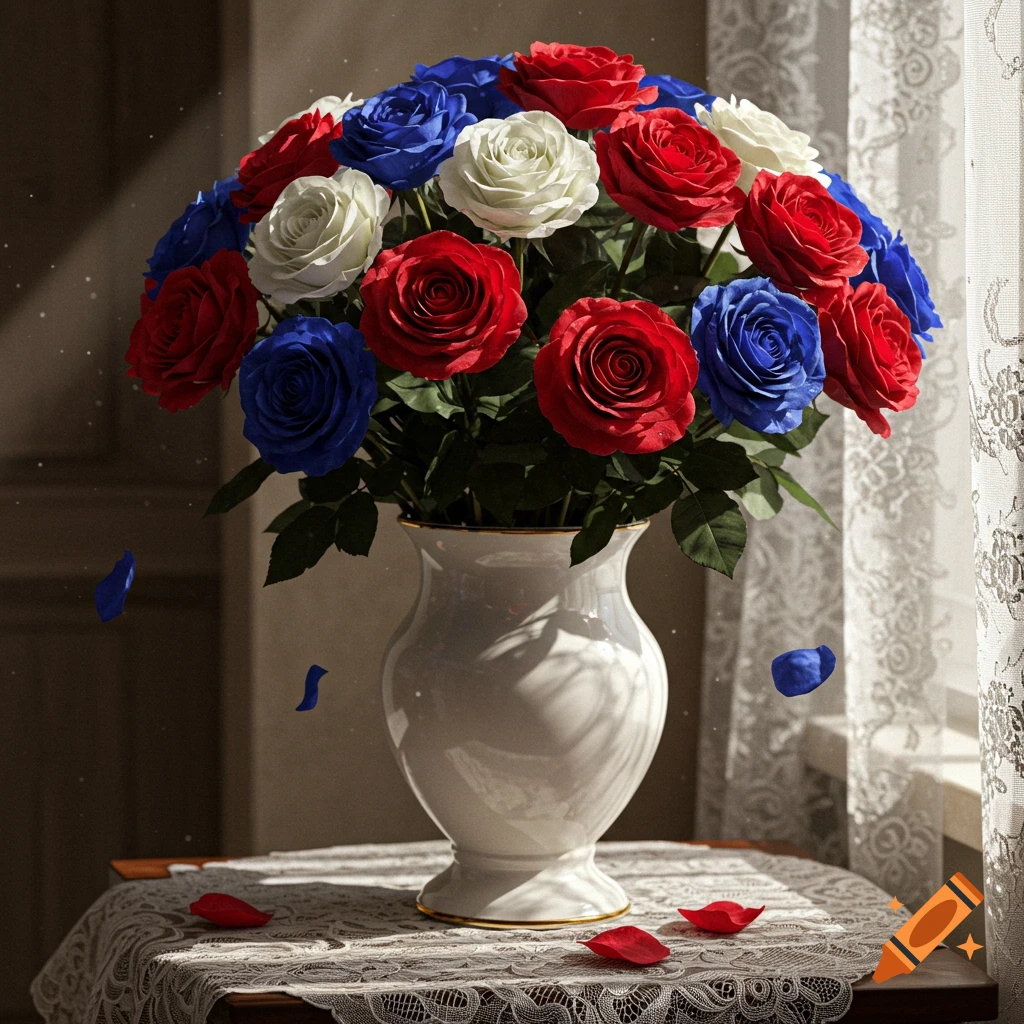 A vibrant bouquet of red, white, and blue roses in a white vase on a table with a lace tablecloth, bathed in sunlight.