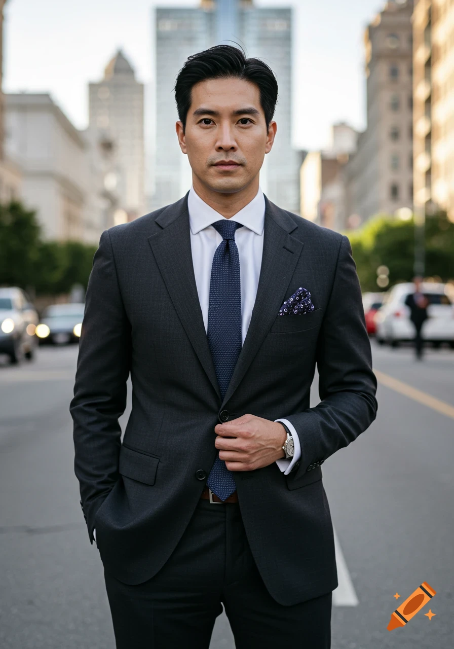 Photorealistic portrait of a man in a dark grey suit and blue tie, standing on a city street.