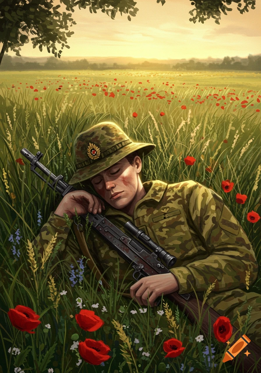 An illustrative image of a soldier in camouflage uniform sleeping in a field of red poppies, holding a rifle.