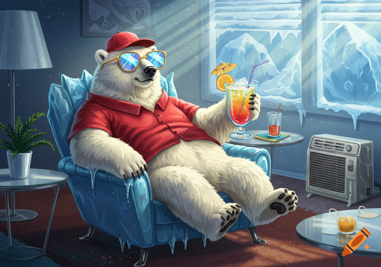 A polar bear in a red shirt, hat, and sunglasses lounges in a blue chair with ice, holding a colorful drink. Icy windows and an AC unit are visible in the background, implying a hot day.
