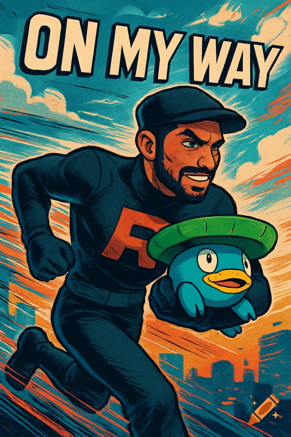 Comic art of a bearded man in a black Team Rocket uniform and cap, running while holding a blue Lotad Pokemon, with 'ON MY WAY' at the top.