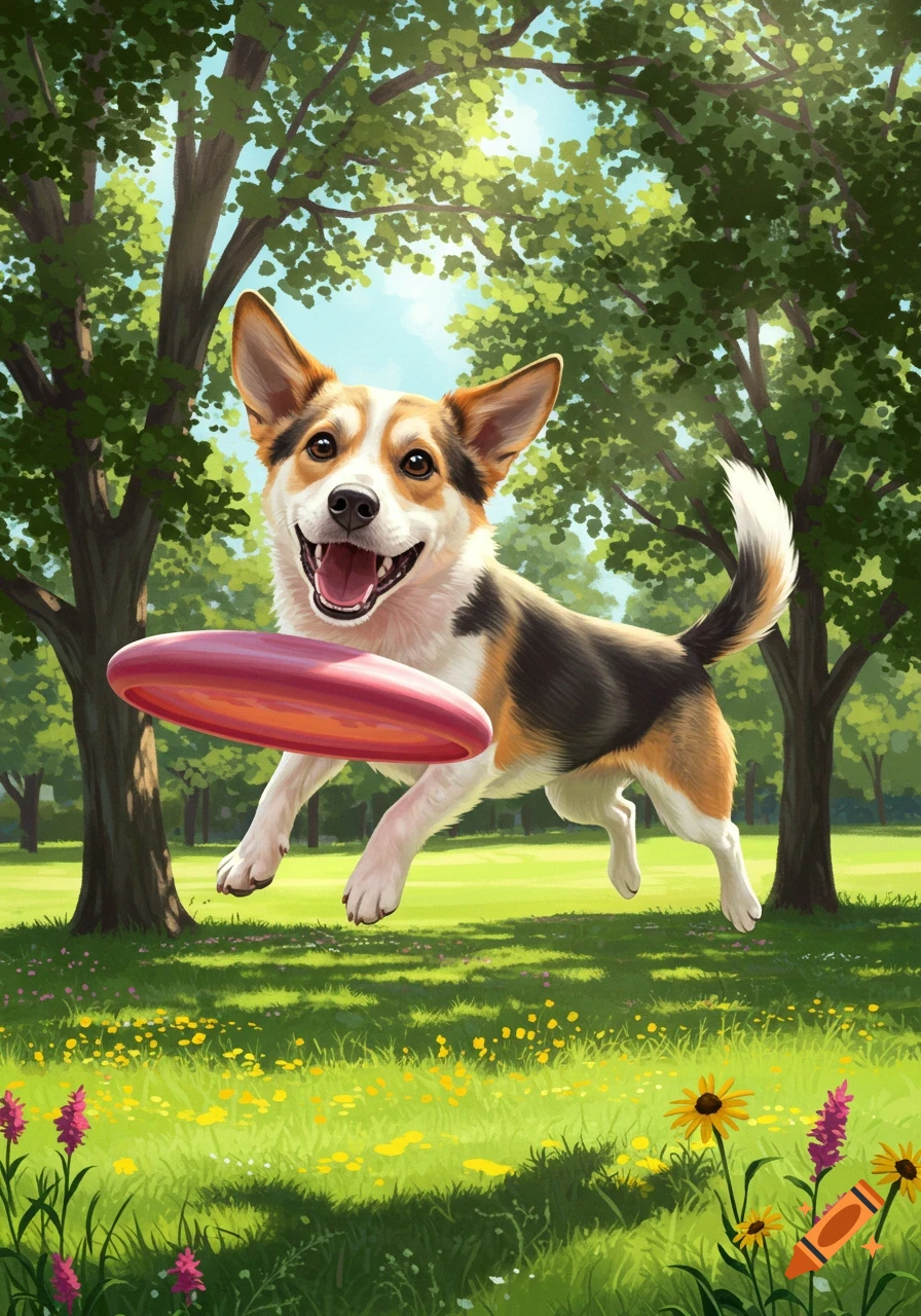 A happy corgi dog leaps through the air in a sunny park, eyes fixed on a red frisbee.