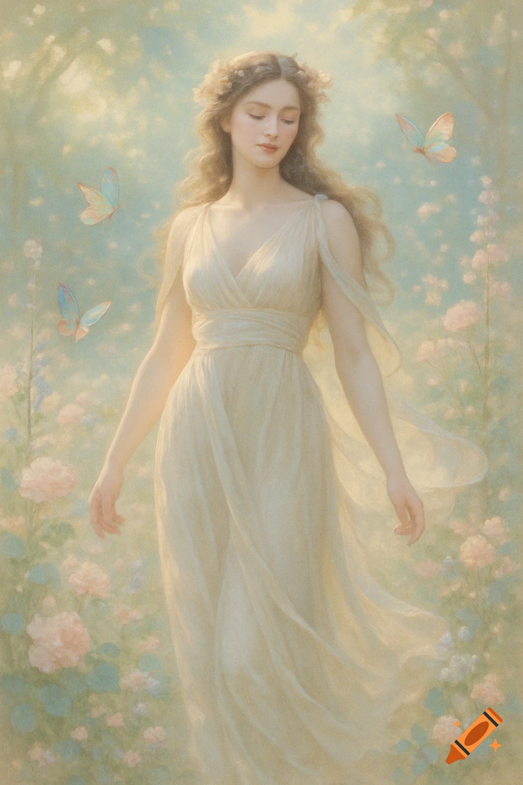 A beautiful woman in a flowing white dress stands in a dreamy, soft-focus garden with flowers and butterflies.