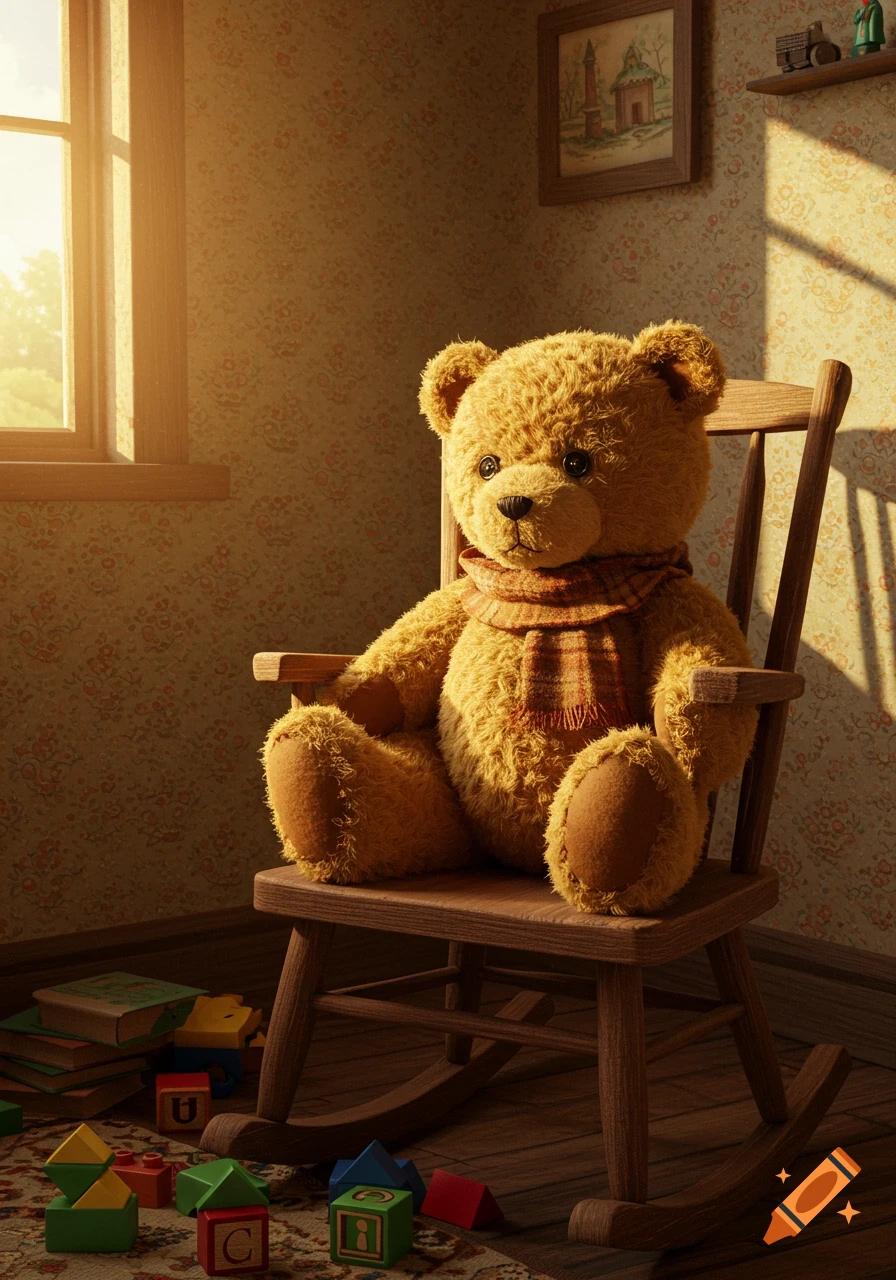 A photorealistic teddy bear sits on a wooden rocking chair in a sunlit room with toys scattered on the rug.