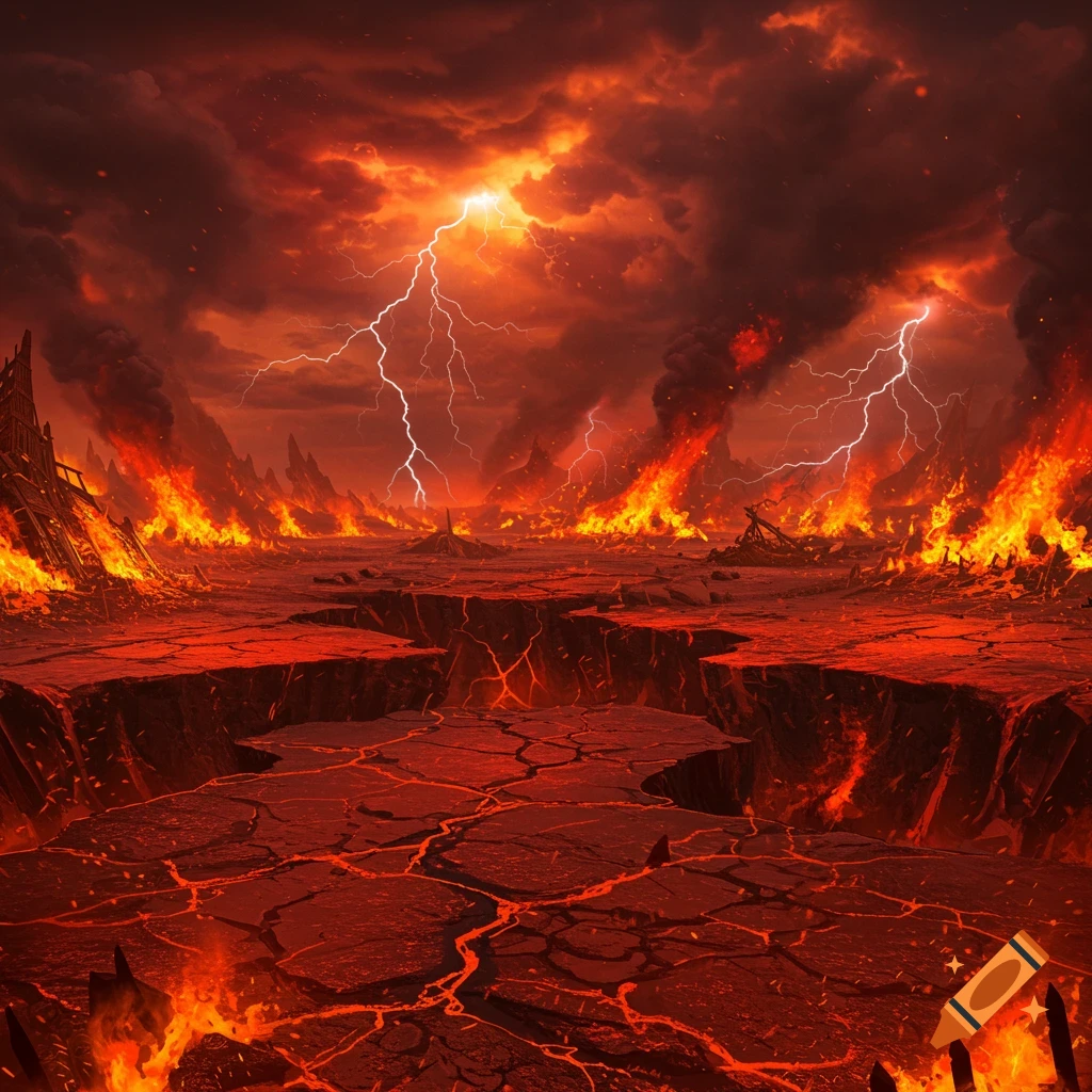 A desolate, fiery hellscape with cracked red earth, glowing lava, raging fires, a stormy sky, and bright lightning bolts.
