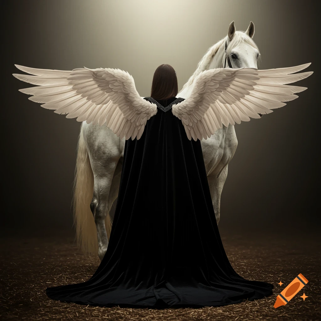 A woman in a black cape with large white angel wings stands with her back to the viewer next to a majestic white horse in a photorealistic style.