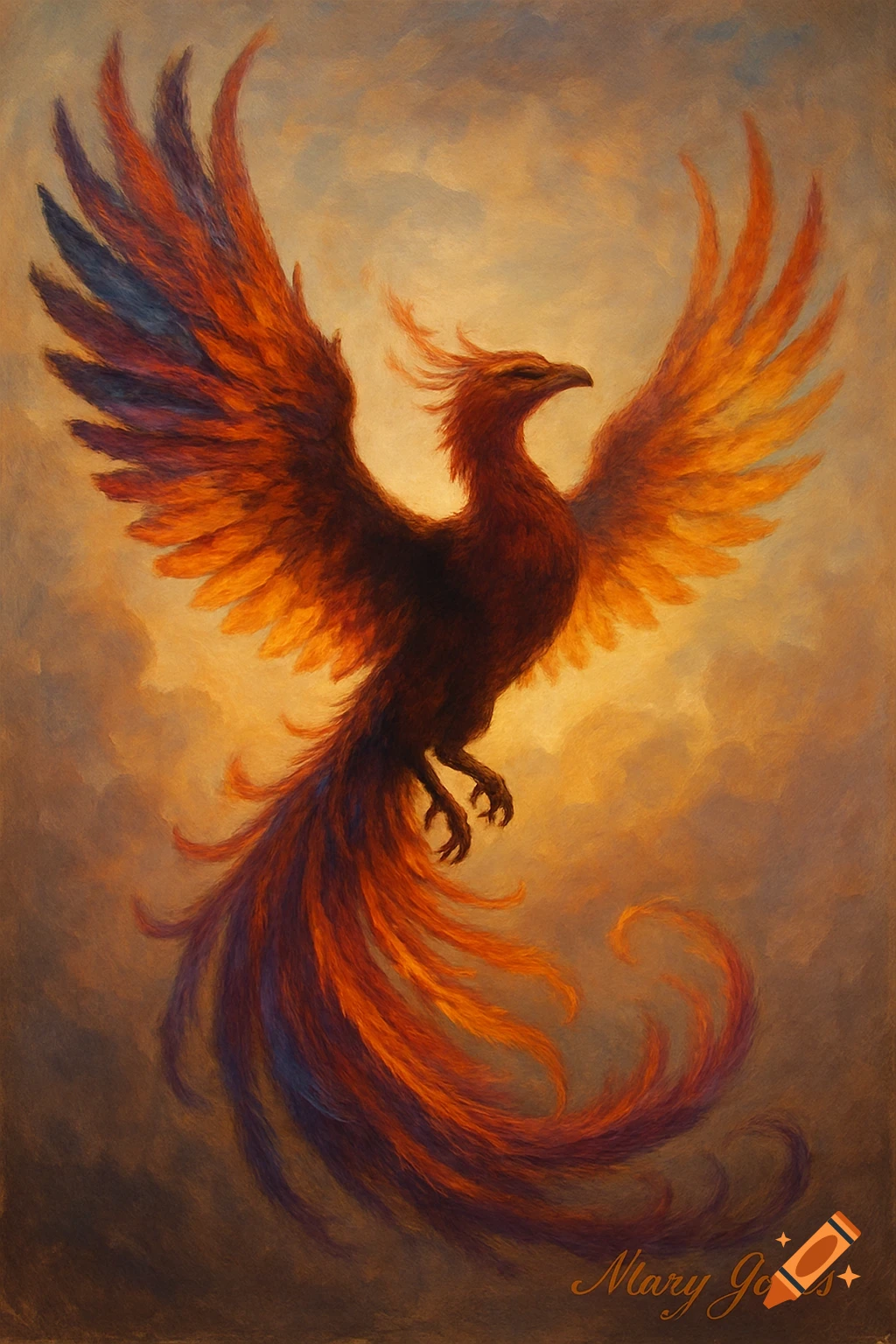 A vibrant, painterly phoenix with outstretched fiery orange and red wings soaring against a warm, cloudy sky.