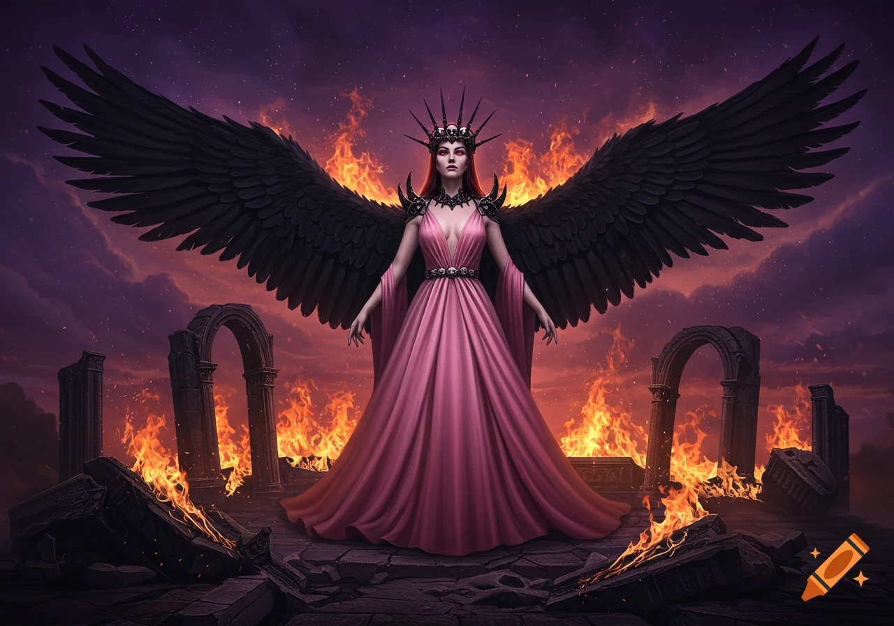 A powerful queen with black wings and a spiky skull crown stands in a pink gown amidst burning ruins under a dark sky.