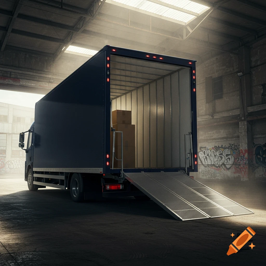 A dark blue delivery truck with its rear door open and a bi-folding ramp extended in a warehouse loading dock.