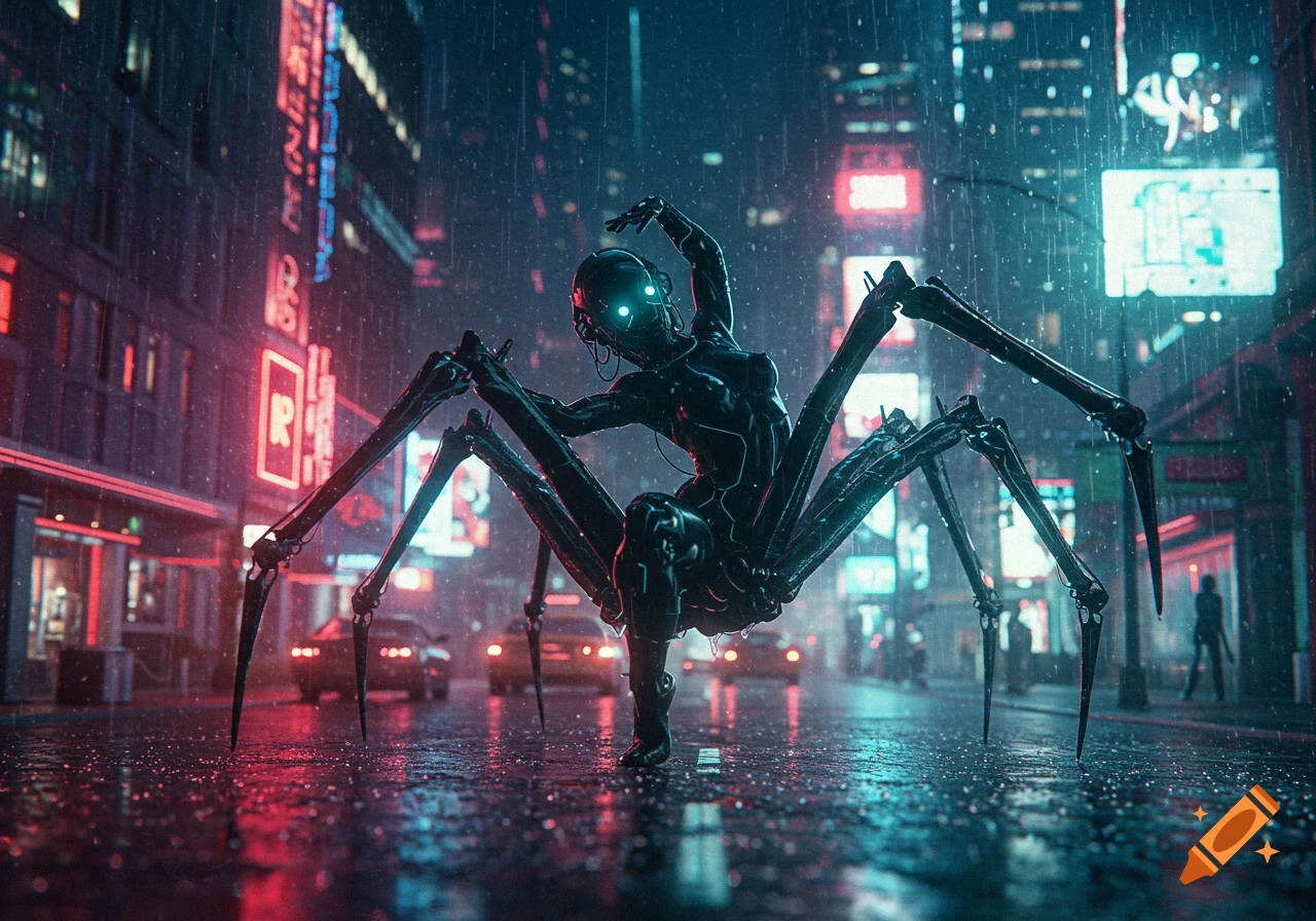 A dark, sleek spider-human hybrid stands in a rainy, neon-lit cyberpunk city street at night, with glowing blue eyes.