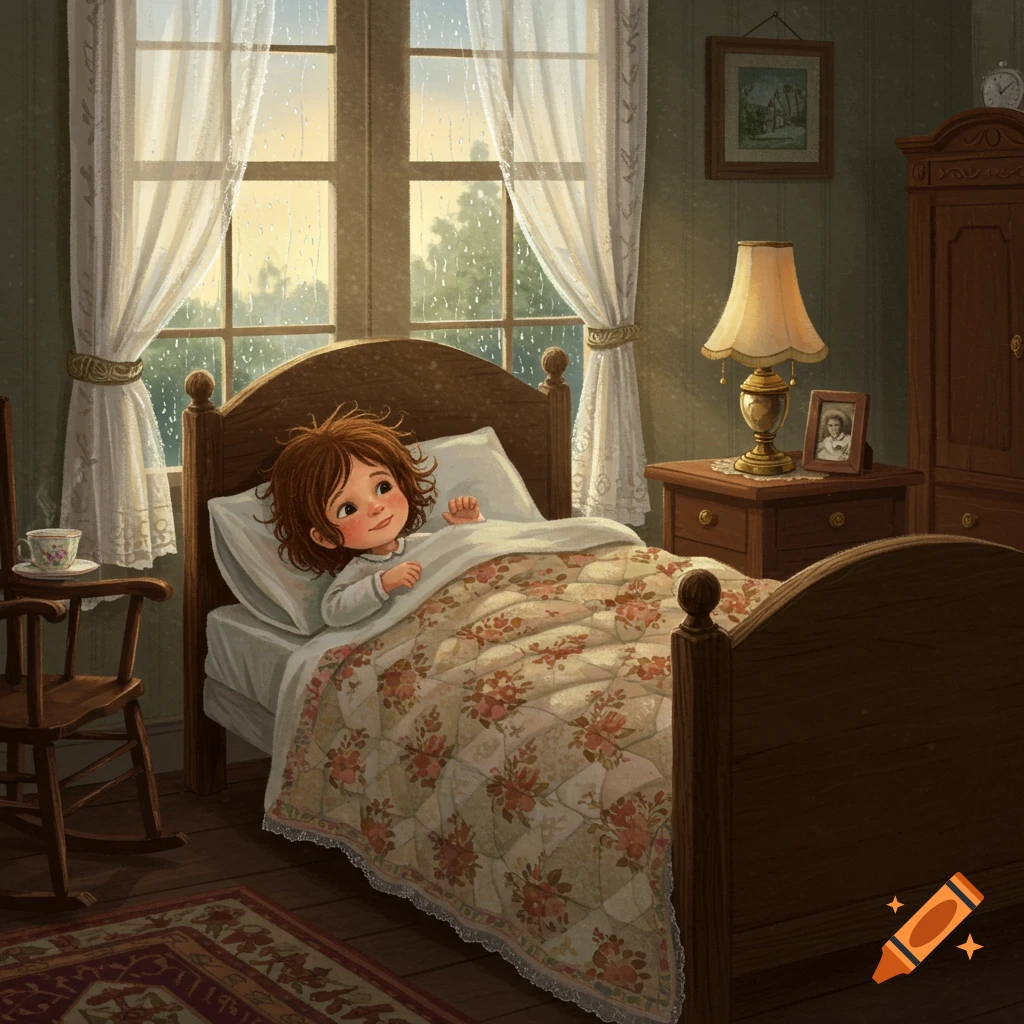 A small child with brown hair lies awake in a cozy bed with a floral quilt in a dimly lit bedroom, looking out a rainy window. Illustration.