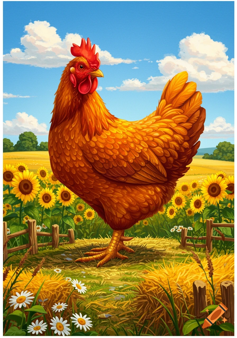 A large, detailed brown chicken stands prominently in a field of yellow sunflowers under a bright blue sky with white clouds.