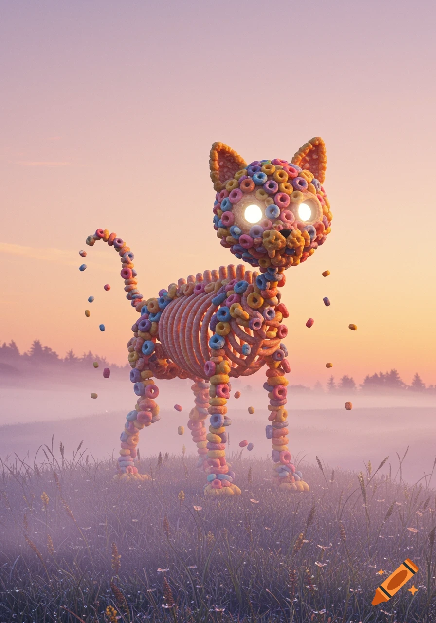 A cat skeleton made of colorful cereal pieces with glowing eyes stands in a misty field at sunset.