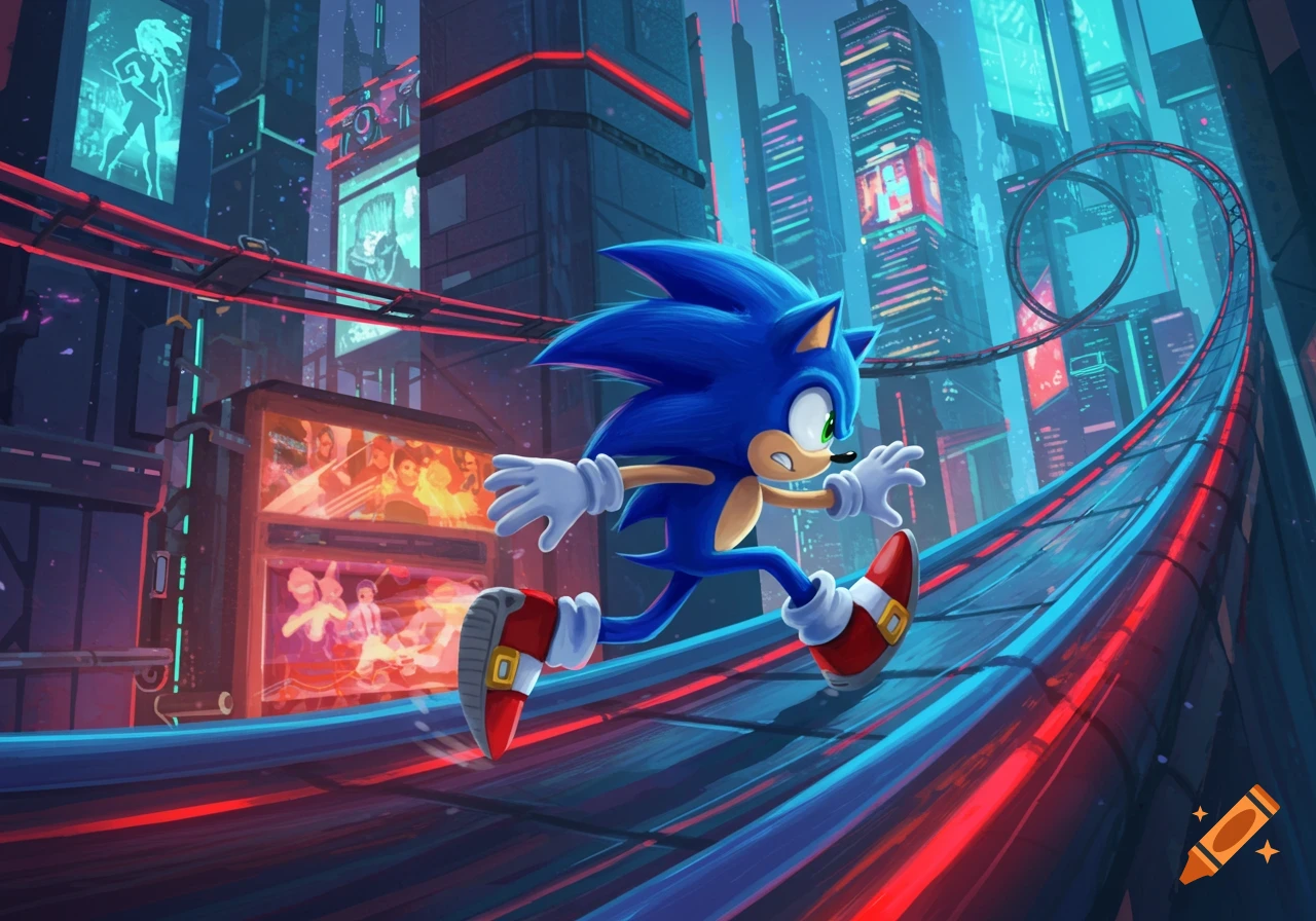 Sonic the Hedgehog runs at high speed on a glowing track through a vibrant, neon-lit cyberpunk city at night.