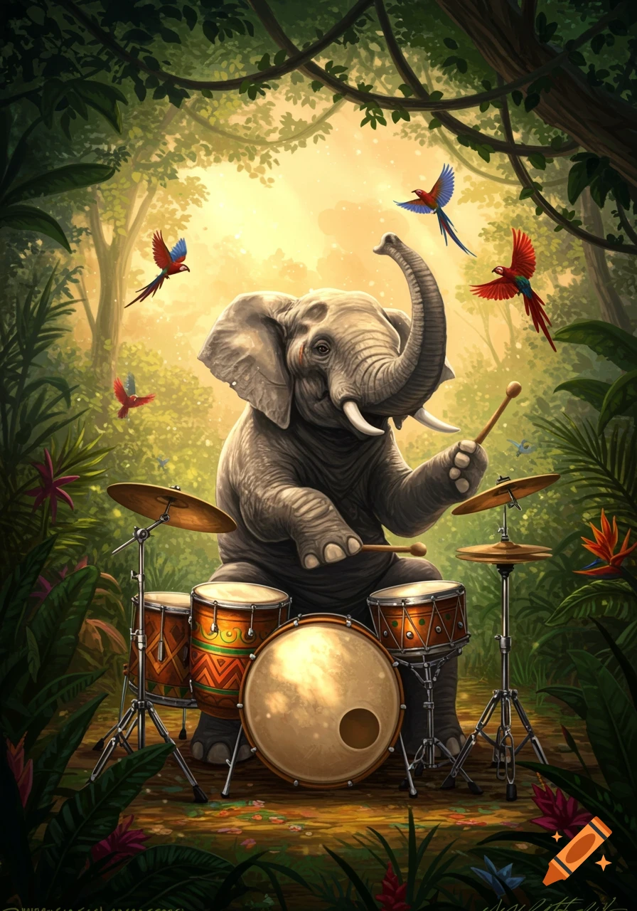 A stylized illustration of an elephant playing a drum set in a vibrant jungle, surrounded by lush foliage and colorful birds.