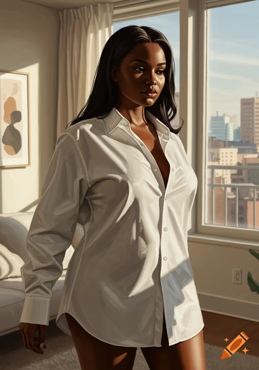 A woman in a white button-up shirt stands in a sunlit apartment overlooking a city, in a realistic art style.