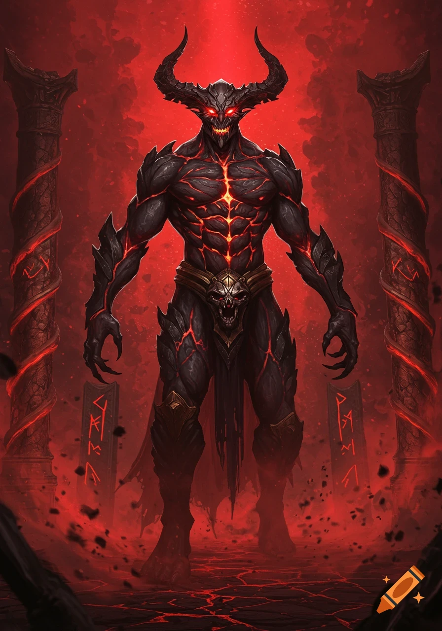 A horned demon with glowing red eyes and fiery cracks on its dark body stands between two ruined pillars in a red, hellish landscape.