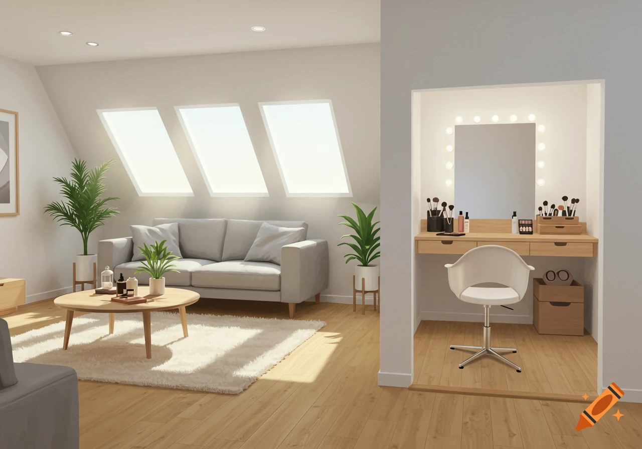 Bright, Scandinavian-style minimalist living room with a grey couch, wooden coffee table, and plants. Adjacent vanity with mirror and makeup tools.