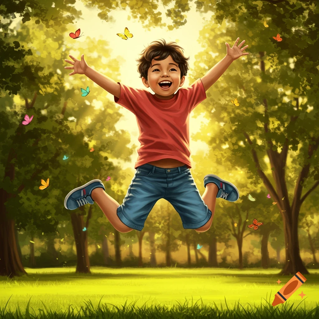 A happy boy jumps with arms raised in a sunny, green park with trees and colorful butterflies, in an illustrative style.