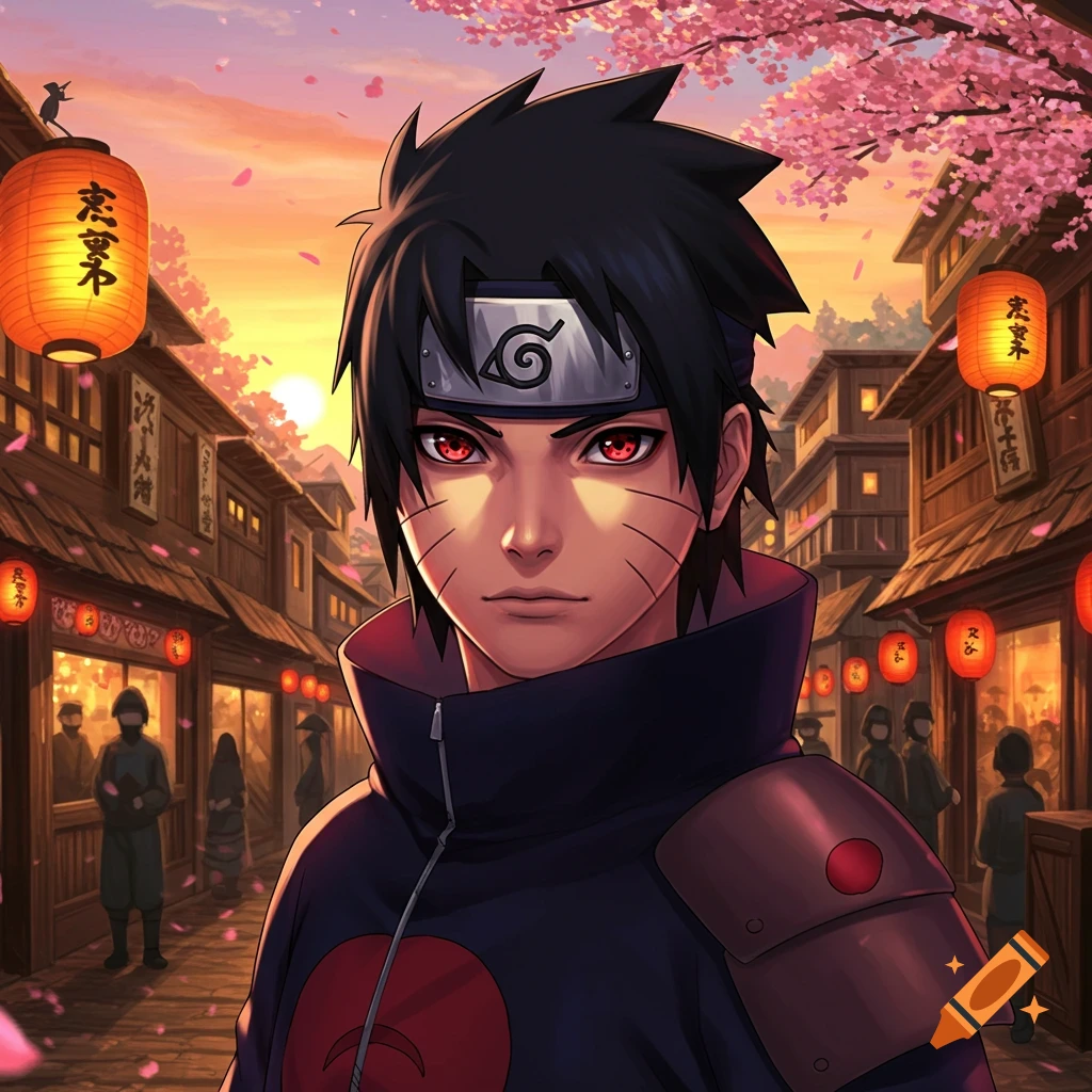 An anime boy with black hair and red eyes, wearing a ninja headband and dark blue attire, stands in a bustling Japanese-style village with cherry blossoms at sunset.