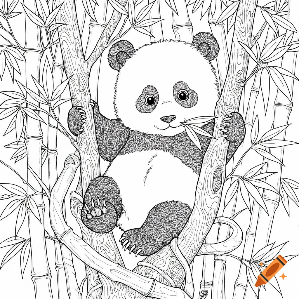 Black and white line art of a baby panda sitting in a bamboo tree, eating a leaf.