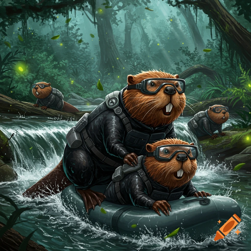 Cartoon beavers in tactical gear and goggles navigate a river on a raft, with more beavers on the banks, in a lush jungle setting.