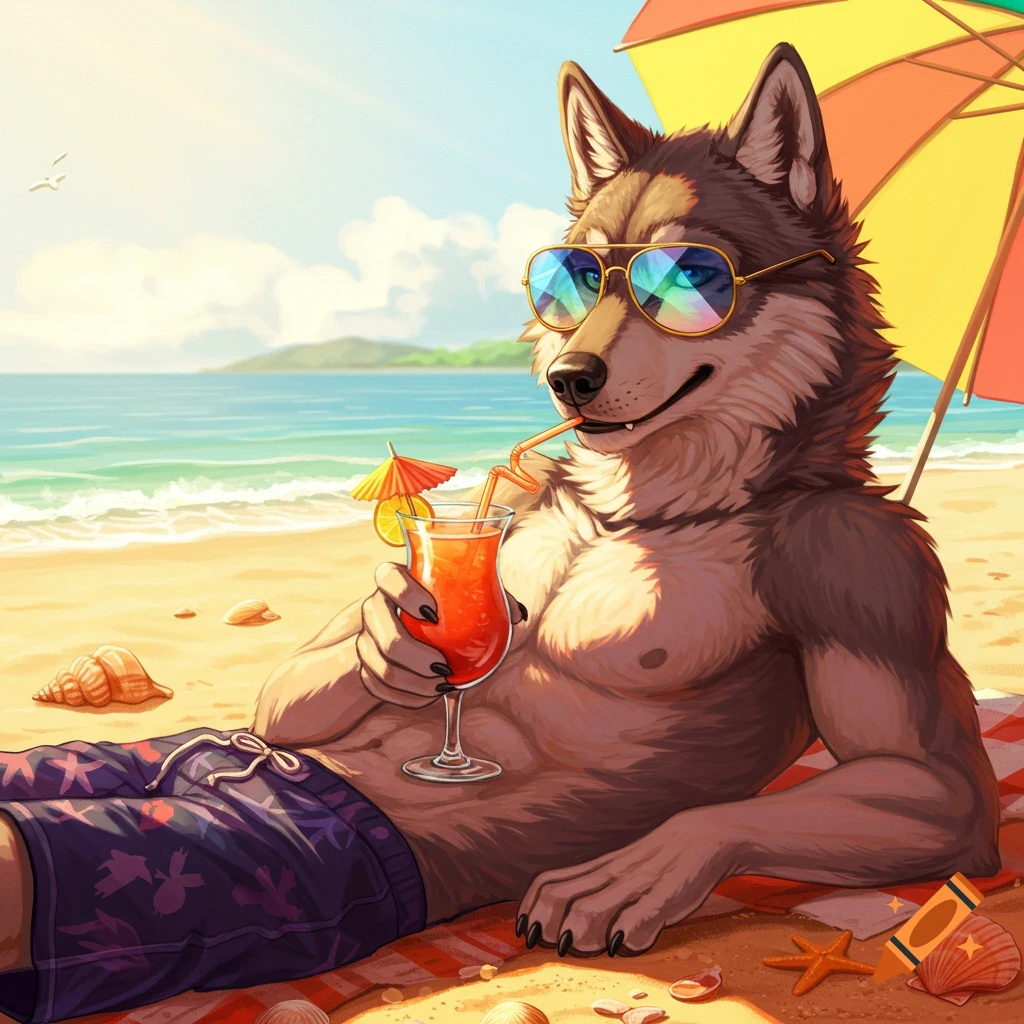 An anthropomorphic wolf in sunglasses sips a cocktail while relaxing on a sunny beach.