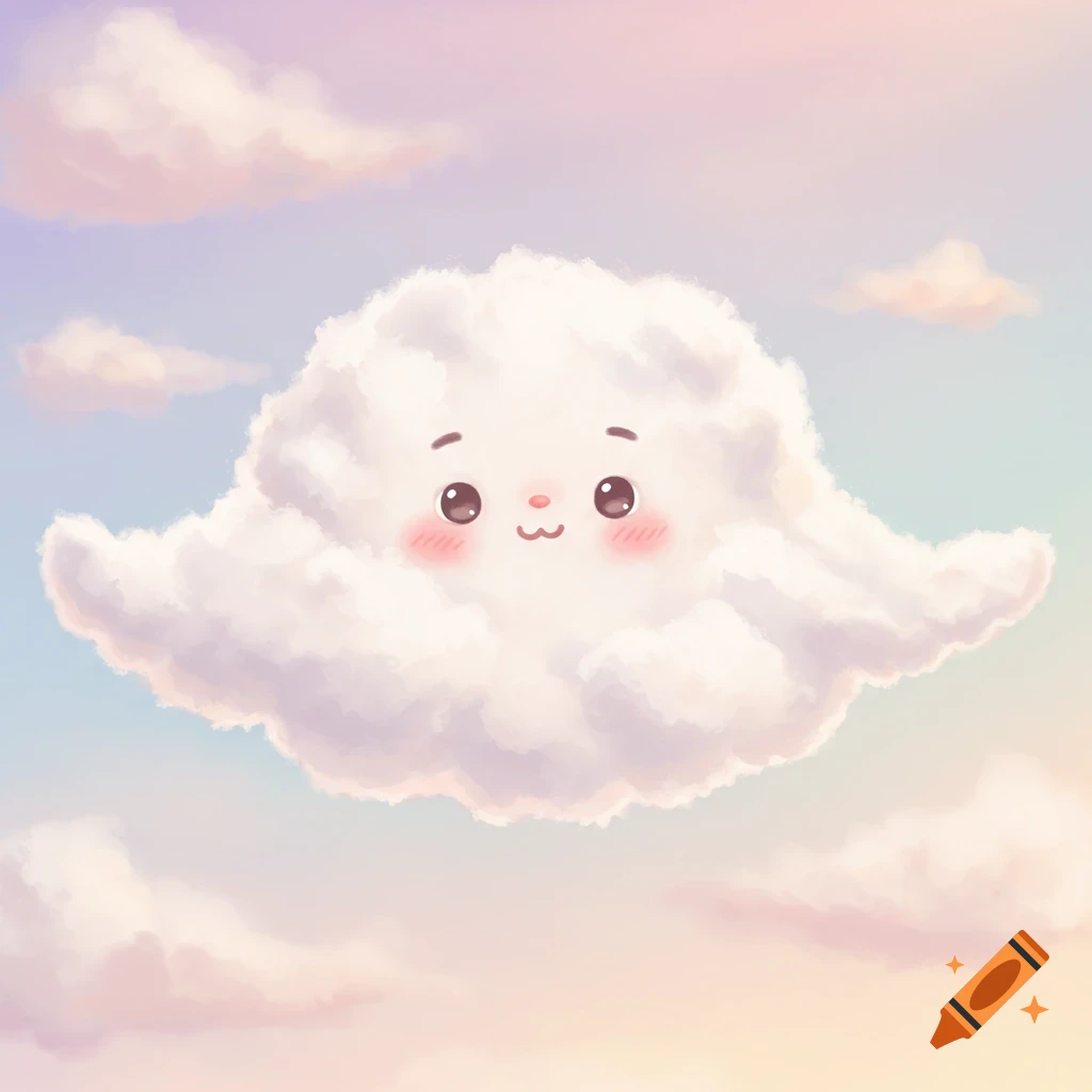 An illustrated fluffy cloud with expressive eyes and rosy cheeks floats in a pastel sky.