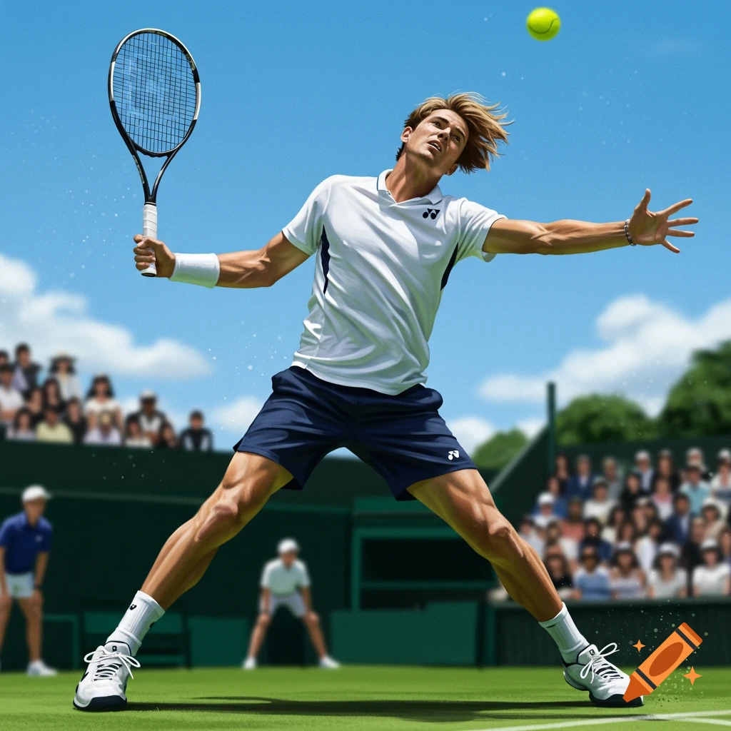 A male tennis player in a white shirt and blue shorts reaches for a tennis ball on a sunny outdoor court.